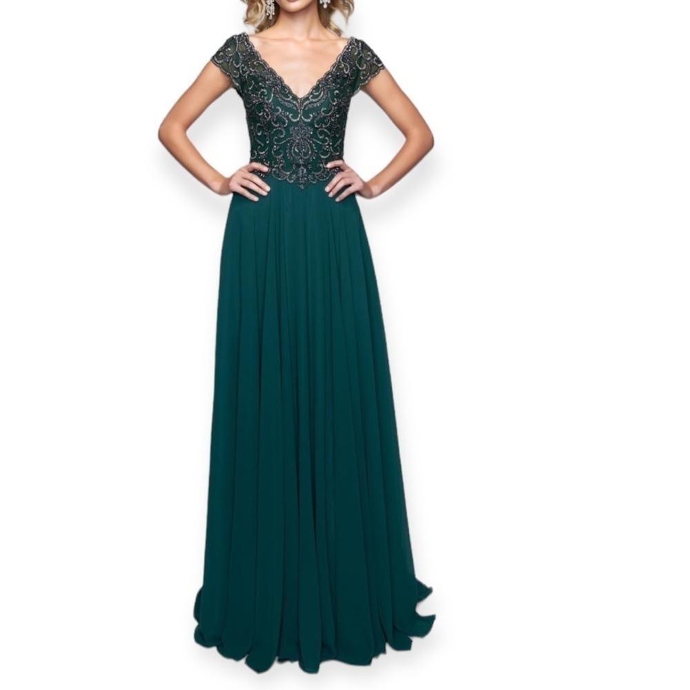 NINA CANACCI Floor Length Deep V Hunter Green Embellished Gown Size 16 NEW